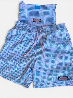 Vineyard Vines Boys Swimsuit Blue Pink Grid Size M (12-14) EUC